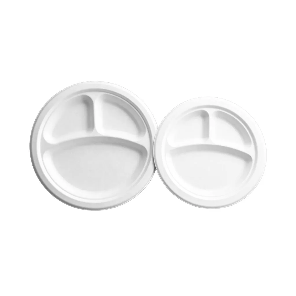 Compostable Plates - Globe, Round Fibre Bagasse, 3 Compartment, 9" or 10" (Case of 500), 6024 / 6025
