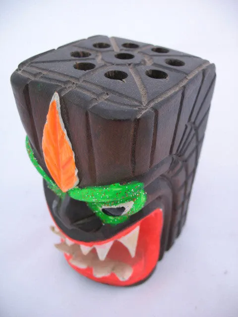 ETHNIC Tribal MONSTER FACE WOOD WOODEN CARVED CARVING Pen Pens Pencil HOLDER HOLDERS
