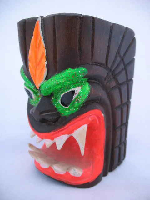 ETHNIC Tribal MONSTER FACE WOOD WOODEN CARVED CARVING Pen Pens Pencil HOLDER HOLDERS