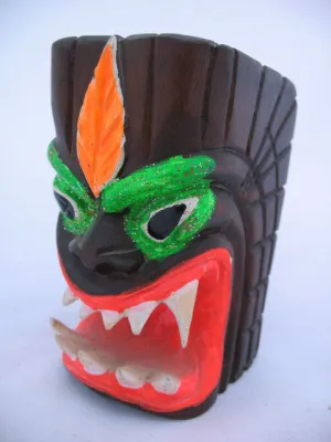 ETHNIC Tribal MONSTER FACE WOOD WOODEN CARVED CARVING Pen Pens Pencil HOLDER HOLDERS