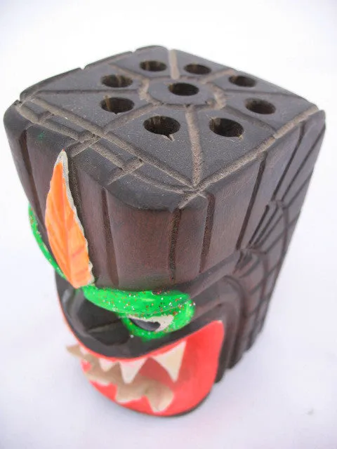 ETHNIC Tribal MONSTER FACE WOOD WOODEN CARVED CARVING Pen Pens Pencil HOLDER HOLDERS