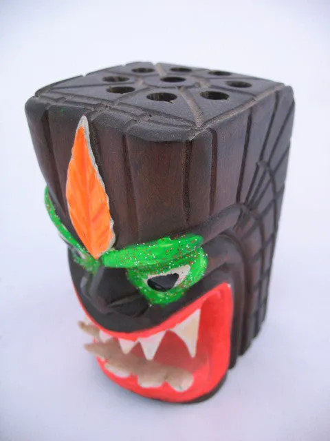 ETHNIC Tribal MONSTER FACE WOOD WOODEN CARVED CARVING Pen Pens Pencil HOLDER HOLDERS