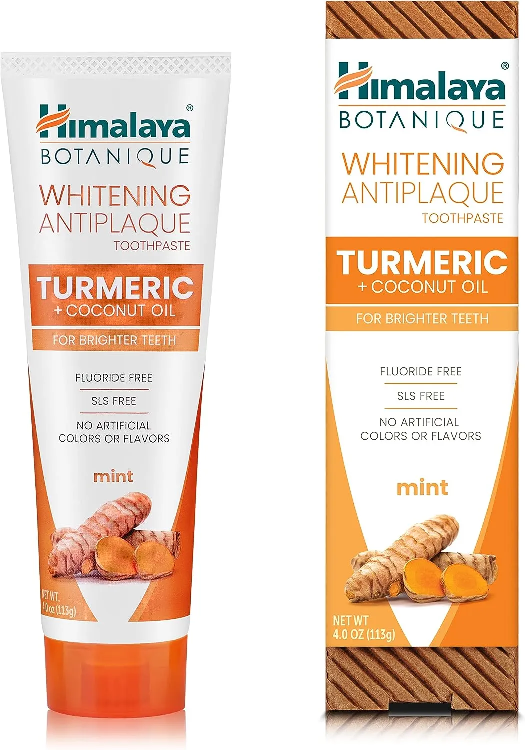 Himalaya Botanique Turmeric & Coconut Oil Whitening Antiplaque Herbal Toothpaste, Whitens Teeth, Fluoride Free, No Artificial Flavors, SLS Free, Vegan, Cruelty Free, Foaming, Mint Flavor, 4 Oz, 1 Pack