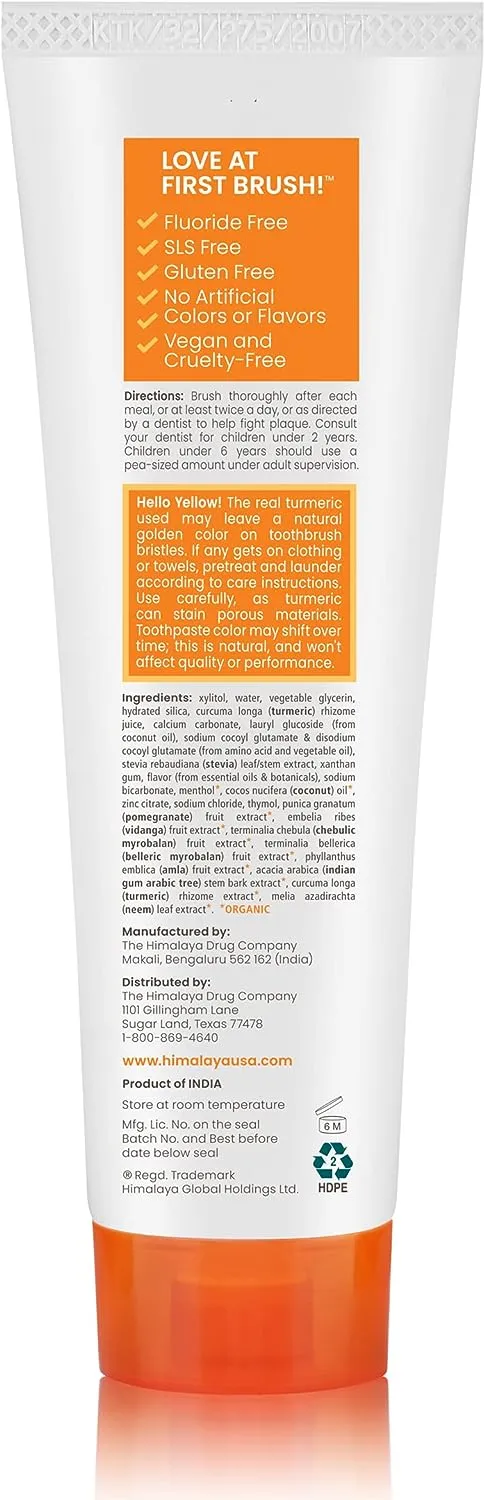 Himalaya Botanique Turmeric & Coconut Oil Whitening Antiplaque Herbal Toothpaste, Whitens Teeth, Fluoride Free, No Artificial Flavors, SLS Free, Vegan, Cruelty Free, Foaming, Mint Flavor, 4 Oz, 1 Pack