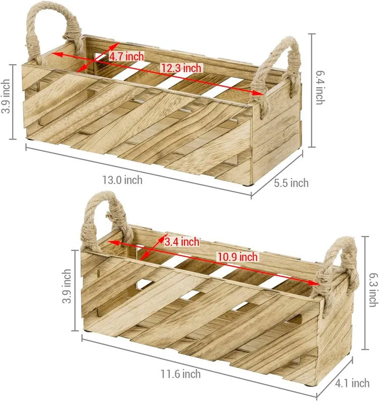 Natural Paulownia Wood Nesting Storage Baskets with Rugged Rope Handles, Carrying Caddy Organizer Bins for Home Bathroom
