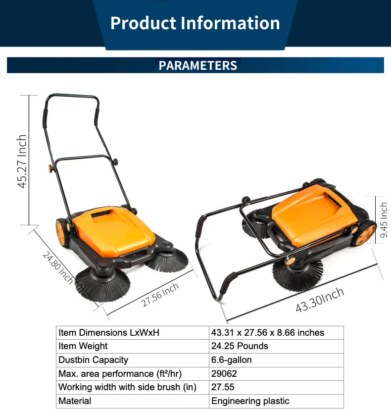 SM650 27.5" Manual Push Powered Floor Sweeper, Triple Brushes, Indoor and Outdoor